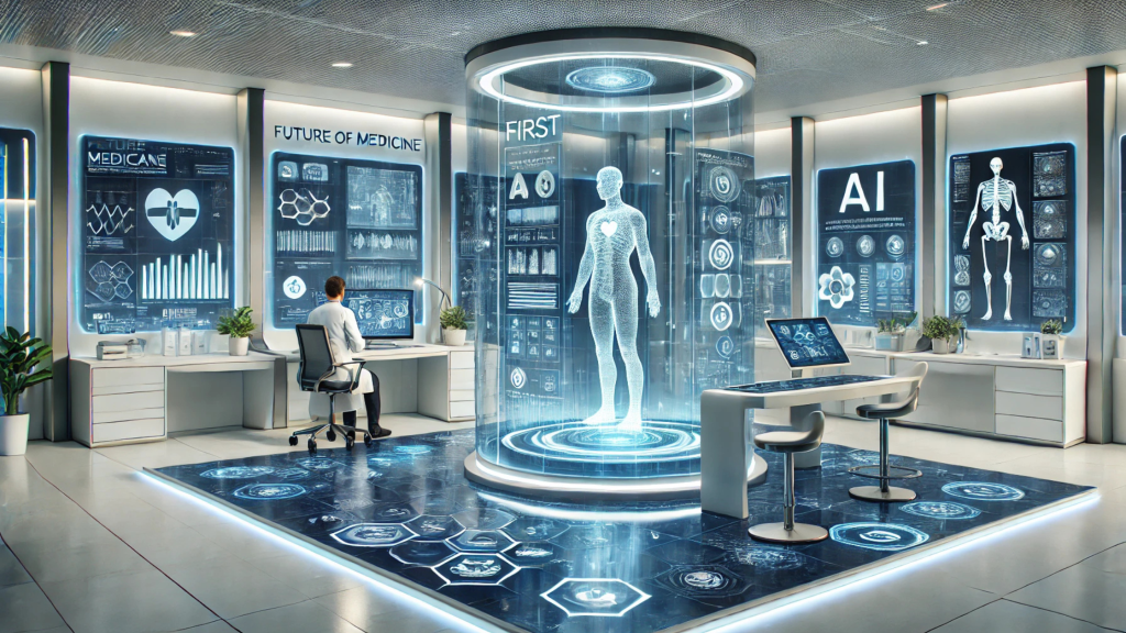 Cabine médica futurista com inteligência artificial analisando paciente em ambiente clínico automatizado