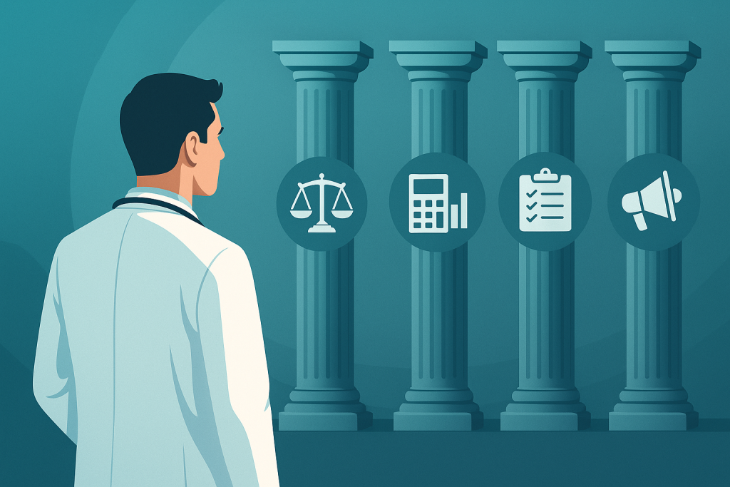 Imagem ilustrativa mostrando um médico de jaleco olhando para gráficos e pilares estruturais, representando os quatro pilares invisíveis da carreira médica: jurídico, financeiro, gestão e marketing.