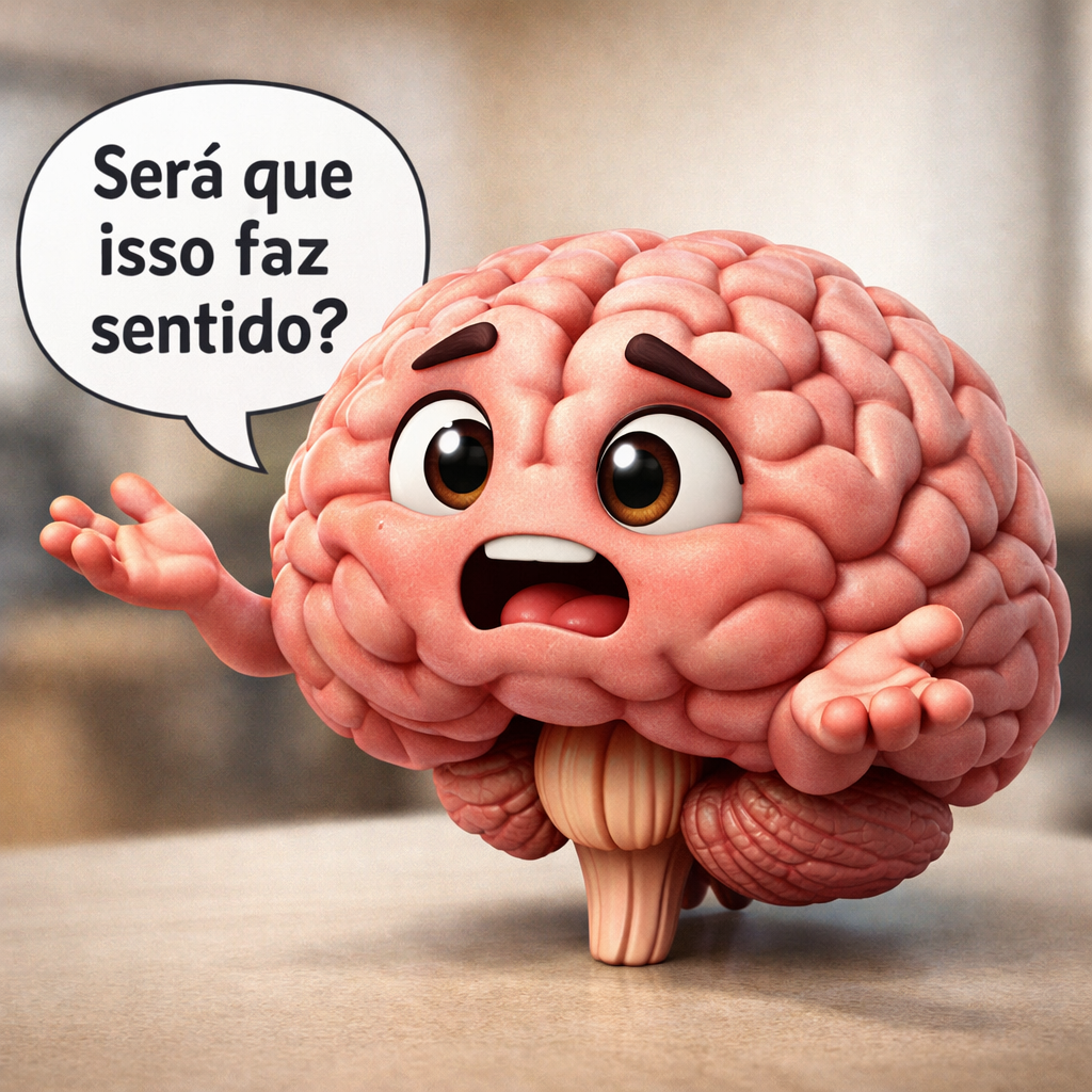 Ilustração 3D de um cérebro humanizado com olhos e braços, falando em um balão de fala a frase “Será que isso faz sentido?” sobre fundo neutro.
