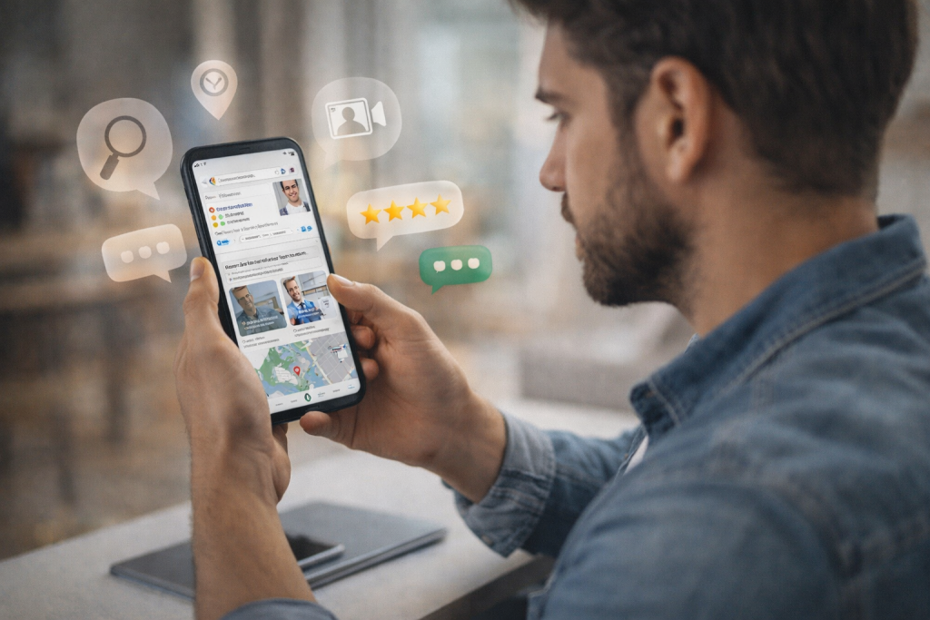 Ilustração do ecossistema de confiança: Google, site, Instagram, avaliações e WhatsApp antes do agendamento