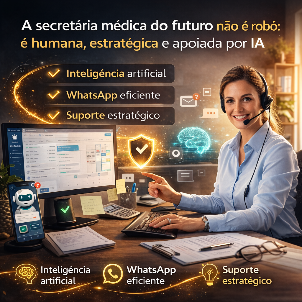 Capa editorial sobre a evolução da secretária médica com apoio de tecnologia, WhatsApp e IA